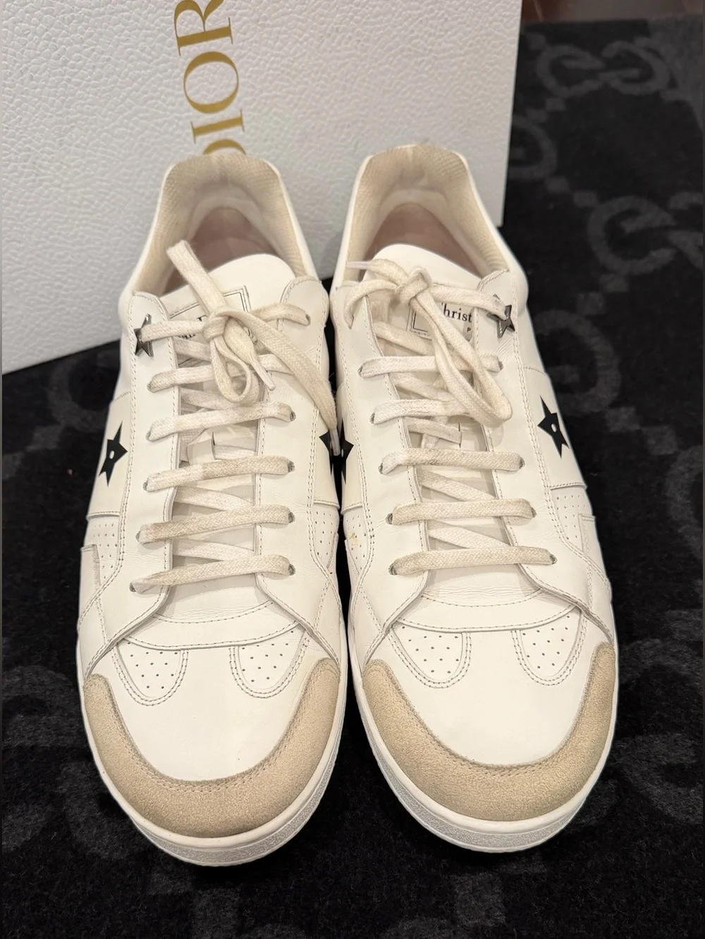 Dior Women's White Sneakers with Beige Suede Toe and Black Star